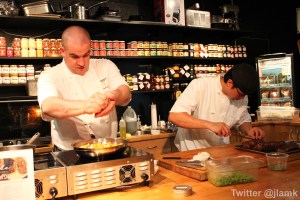 Cooking golden chanterelles and slicing bison striploin