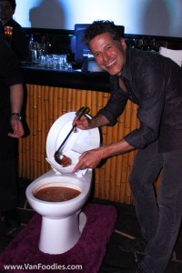 Bob serves us food out of a real-size toilet bowl!