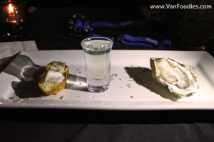 Raw Oyster with Pork Fat on Crouton; Horseradish Vodka
